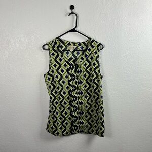 Banana Republic Women’s Black Green Geo Pattern Blouse Sz L Retro Sleeveless